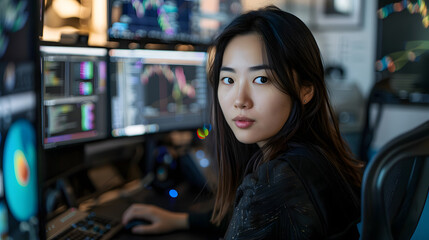 shot of a young Asian woman is sitting alone doing work in front of a computer with multiple screens, working in a high-tech workplace.