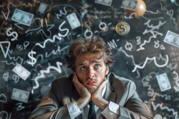 A businessman with a worried expression, surrounded by debt symbols