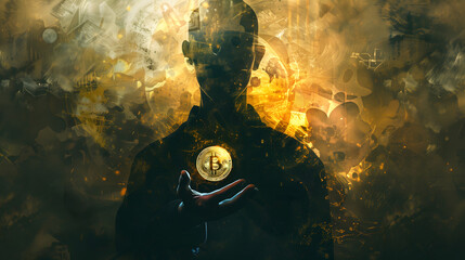 abstract man holding bitcoin, background full of chaos and smoke, golden colors, cryptocurrency finance blockchain