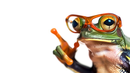 A frog with glasses points to a point with its paw on a white background