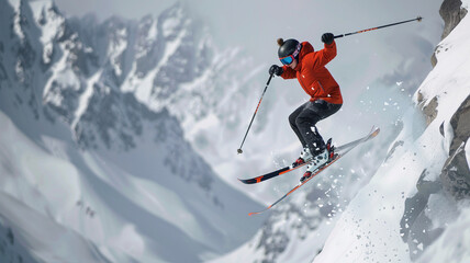 Skier having his skis and suitable equipment jumps from a mountainside in the snow.