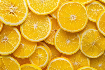 Numerous freshly sliced oranges closely packed, displaying vibrant orange hues and visible juicy segments.