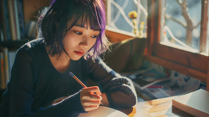 A young Asian woman with short purple hair, sitting next to the window sketching in a book. Sunlight coming in through the window illuminates the entire room - obrazy, fototapety, plakaty