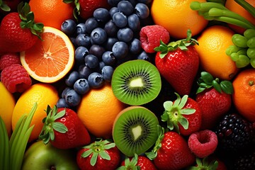 A close-up vibrant assortment of various fresh fruits including berries, citrus, and kiwis, displaying a mix of colors and textures.