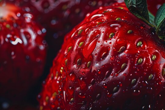 Close-up image of fresh, wet strawberries with water droplets and vibrant red textures, highlighted by focused lighting.