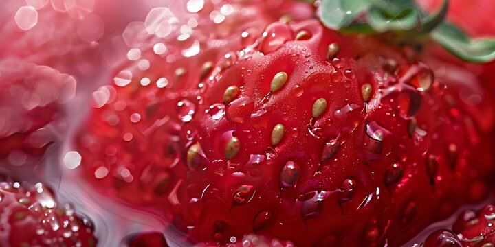 Close-up image of a fresh strawberry covered in water droplets, with more strawberries blurred in the background.