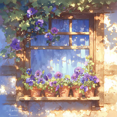 Purple Flowers Bring Life to the Rustic Charm of a Cottage's Dew-Kissed Window