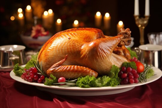 A roasted turkey on a platter garnished with lettuce and cranberries, set against a festive background with candles and blurry lights.