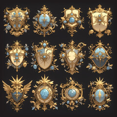 Elegant Assortment of Intricately Detailed Shield Emblem Icons for Artwork, Design Projects and Fantasy Worldbuilding