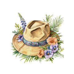 breton hat and flowers vector illustration in watercolor style - obrazy, fototapety, plakaty
