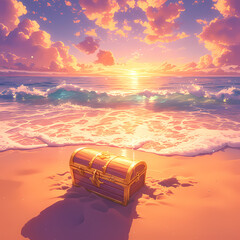 Fototapeta na wymiar Discover the Secret: A weathered chest on a sun-kissed shore under the golden glow of sunset.