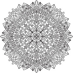 Mandala doodle coloring page. Boho antistress coloring book for adults. Outline hand drawn design of symmetric pattern