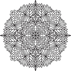 Mandala doodle coloring page. Boho meditative and relax coloring book for adults. Outline hand drawn design of symmetric pattern