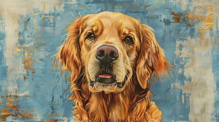Golden retriever dog painting on blue backdrop
