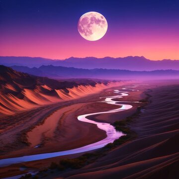 Surreal Desert River Winding Through Sand Dunes Under a Full Moon and Purple Sky, A Fantasy Landscape of Peace and Solitude