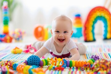 Delighted baby playing with a set of colorful sensory toys
