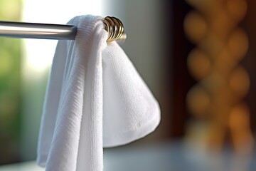 A closeup of a pristine white towel hanging on a polished metal rod Generative AI