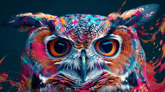 The abstract owl picture rendered in 3D using a vibrant double exposure paint method.