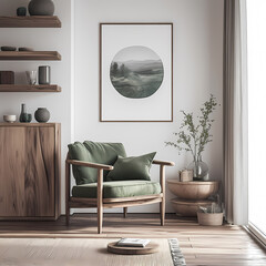 Stylish Living Room Scene Featuring a Wooden Armchair, Nature-Inspired Poster, and Minimalist Decor