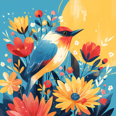 Celebrate Spring's Arrival with a Vibrant Bird Perched on Blooming Flowers in this Illustrative Rendition of the Sri Lankan New Year