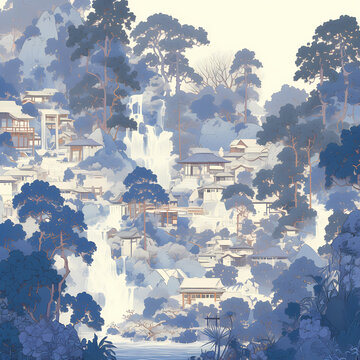 Award-Winning Oriental Fantasy Landscape - Exquisite Chinese Influenced Painting with Waterfalls and Architecture
