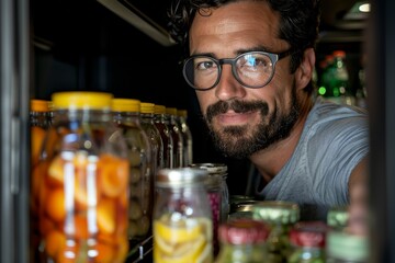 Smiling Man Choosing Preserved Foods in Refrigerator. Cheerful man with glasses selecting jarred...