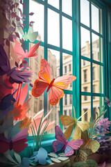 A charming butterfly formed by intricate layers of paper, each fold revealing a spectrum of pastel colors, gently resting on a windowsill overlooking a bustling city street, with potted plants and col
