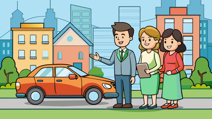 car couple rents a car from rental agent took cartoon vector illustration