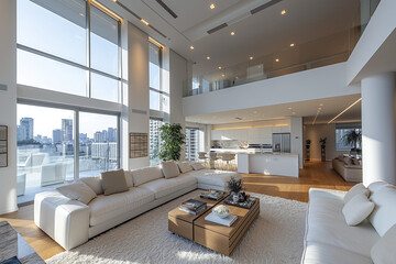 Serene spacious living room with minimalist design, showcasing stark white color palette and abundant natural light, enhanced by clean architectural lines and matte finishes.