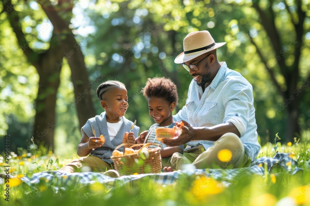 Poster Happy family enjoying a picnic in the park on a sunny day