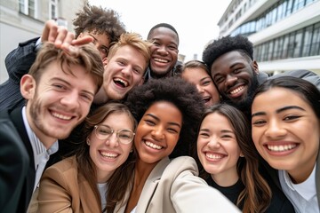 business, startup, gesture and people concept - group of smiling international business people over office building background
