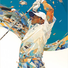 Masterful golf swing illustration with vibrant colors and intricate patterns. Perfect for sports enthusiasts, advertisers, and more. - obrazy, fototapety, plakaty