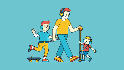 paternity father and son walk roll-on roller cartoon vector illustration