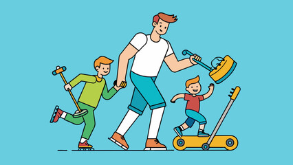 paternity father and son walk roll-on roller cartoon vector illustration