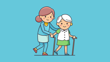 nurse helps her grandmother to go to the walker cartoon vector illustration