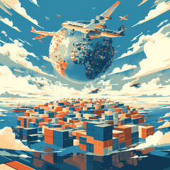 Vibrant Illustration Depicting Global Trade Ecosystem with Cargo Containers, Airplanes, Ships, and Data Streams - Perfect for Logistic Campaigns