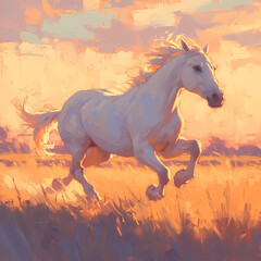 Breathtaking Sunset Painting with a White Mustang Thundering Across the Golden Fields