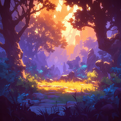 Bright and Serene Fantasy Landscape - 4K Desktop Background with Sunlit Path through Thick Woods