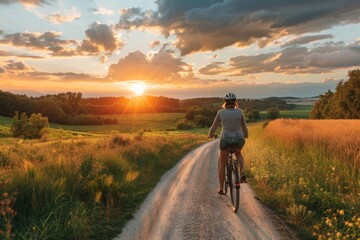 Person enjoying a leisurely bike ride in the countryside - obrazy, fototapety, plakaty