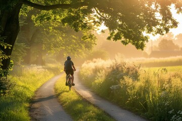 Person enjoying a leisurely bike ride in the countryside
