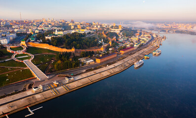 Aerial drone view of kremlin in Nizhny Novgord and river Volga on sunset, Russia