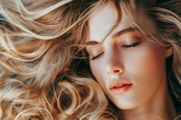 Naklejka premium Portrait of a woman with beautifully styled hair, hair care and beauty