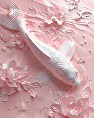 Koi fish and flowers on pink background. 3D rendering.