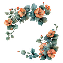 Watercolor floral wreath with orange flowers and green leaves on white background - 795854544