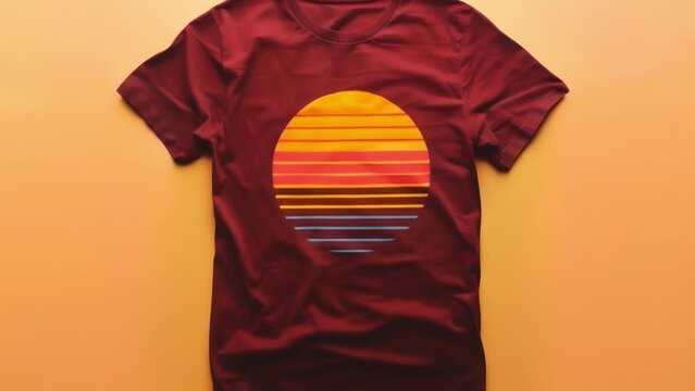 a maroon Tshirt with a retro sunset design. .