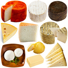Image of various cheeses isolated on white background