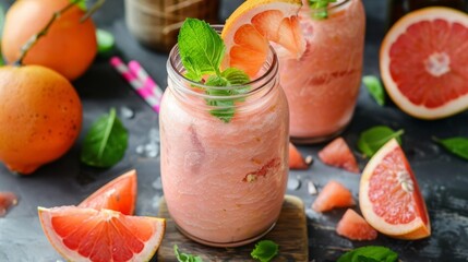 Two glasses of grapefruit and mint drinks