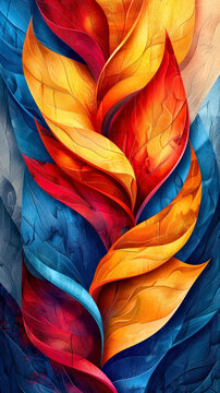 Abstract colorful leaves vibrant colors red blue orange, bright layers, botanical modern background