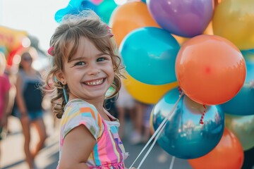 Fototapeta na wymiar Smiling child holding a balloon bouquet at a parade
