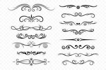 Retro Text Delimiter Set. Vintage Ornamental Monochrome Text Dividers, Decorative Scrolls, Separators and Header Decorative Swirls. Vector Illustration